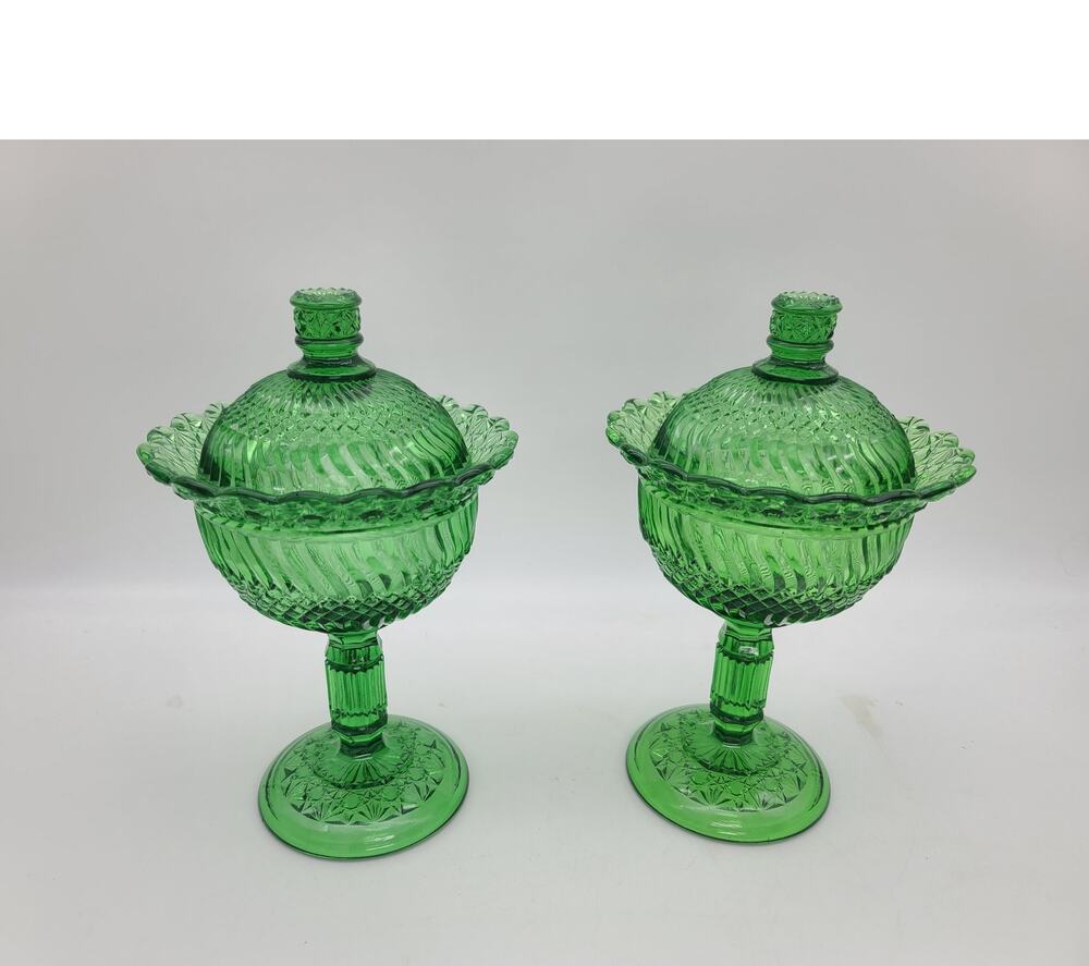 Pair Vintage LG Wright / Fenton Glass Jersey Swirl Compote & Lid Emerald Green